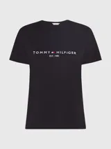 Remera negra de algodón con cuello redondo y logo de Tommy Hilfiger bordado en el pecho.