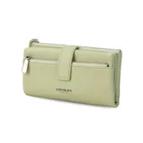 Billetera de mujer color negro, con textura símil cuero granulado. Presenta un cierre de presilla con broche, correa de mano desmontable y múltiples compartimentos internos, incluyendo un monedero con cierre.