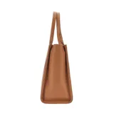 Bolso tote grande de cuero color verde oliva con asas de mano y logo "THE TOTE BAG MARC JACOBS" estampado en dorado.