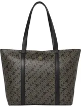 Bolso tote negro con estampado del monograma TH en color beige. Tiene doble asa superior de cuero sintético negro y logo metálico dorado de Tommy Hilfiger en el frente.