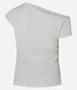 Blusa de crepé color blanco, con escote asimétrico, manga corta y drapeado lateral.