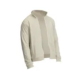 Campera color beige con cierre frontal, cuello alto y logo de la marca bordado en el pecho.