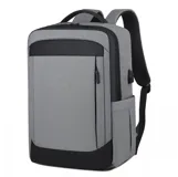 Mochila gris con detalles en negro, de tela rígida con dos asas acolchadas y espalda ergonómica. Cuenta con compartimento acolchado para laptop, bolsillo frontal con cierre y puerto USB externo.