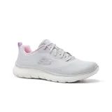 Championes deportivos Skechers Flex Appeal 5.0 Cruising Thru, color gris con detalles en rosa. Capellada de tejido knit, cordones, plantilla Skechers Air-Cooled Memory Foam y entresuela Flex Lite.