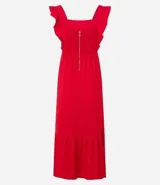 Vestido largo color rojo con escote cuadrado, breteles anchos con volados y espalda elastizada.