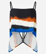 Blusa cropped de viscosa con estampado acuarelado, breteles finos y espalda abierta con lazo.