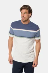 Remera manga corta con diseño a rayas horizontales en tonos beige, azul, verde y salmón.