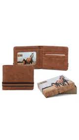 Billetera color beige de símil cuero lisa con galón elastizado marrón y blanco. Interior con doble repartición para billetes, visor y tarjeteros.