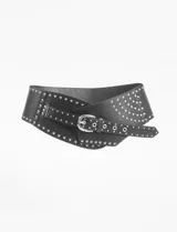 Cinturón faja negro de cuero sintético con tachas plateadas y hebilla metálica.