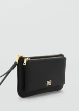 Monedero grande color beige de tejido de nylon con logo en relieve, doble compartimento y cierre de cremallera doble.