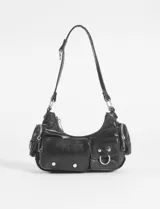 Cartera de hombro color marrón con múltiples bolsillos frontales y laterales con cierre.
