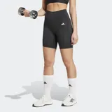 Calza corta deportiva Adidas color negro, de tiro alto y ajuste ceñido. Presenta un pequeño logo de tres barras en blanco en el muslo y un bolsillo oculto lateral.