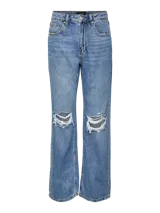 Pantalón de jean celeste de pierna ancha con roturas en las rodillas.