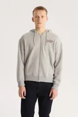 Buzo canguro con capucha y cierre frontal de la marca Levi's, color gris con logo bordado en el pecho. Tiene bolsillos laterales y puños y cintura acanalados.