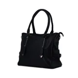 Cartera tipo tote de cuero sintético color negro, con doble asa de mano y correa larga desmontable.