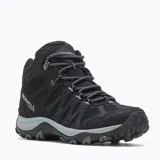 Bota de senderismo Merrell Accentor 3 Mid WP, color negro, de media altura, con capellada de gamuza y malla impermeable, cordones y correas reciclados, lengüeta de fuelle, puntera de goma protectora, forro de malla reciclada, plantilla de EVA removible, vástago de arco de nylon moldeado, entresuela de espuma EVA y suela de goma adherente.