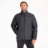 Campera negra con cierre frontal, cuello alto y logo de la marca en el pecho.