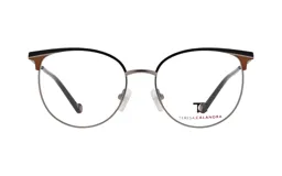 Armazón para lentes de metal color peltre, con frente superior en doble capa: negro en el borde superior y marrón en la parte inferior.