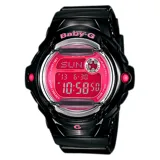 Reloj digital Casio Baby-G modelo BG169R-1BDR con caja y correa de resina en color negro brillante. Presenta una pantalla digital con fondo rosado y protectores metálicos sobre el cristal. Incluye funciones de cronómetro, temporizador, alarmas múltiples y luz LED, con resistencia al agua de hasta 100 metros.