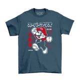 Remera azul con estampado de Super Mario en estilo retro con texto en japonés.