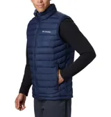 Chaleco Columbia Powder Lite para hombre, con tecnología Omni-Heat reflectante, aislamiento Thermarator, tela resistente al agua, ribete en cuello y puños, bolsillos con cierre y dobladillo ajustable. Diseño en dos tonos: verde oliva en la parte superior y amarillo en la parte inferior.