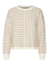 Suéter de punto grueso a rayas horizontales color crema y beige, con cuello redondo y mangas largas.