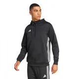 Buzo Adidas Tiro 25 Essentials negro con capucha, cierre parcial con cremallera, logo blanco estampado en el pecho y mangas largas.