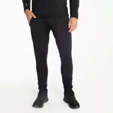 Calzas deportivas negras de poliéster y spandex, ajustadas al cuerpo, con interior suave al tacto, tela delgada y elástica, secado rápido y detalles reflectivos.