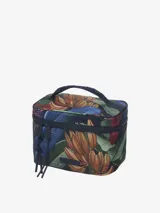Neceser con estampado de hojas y flores, cierre de cremallera y asa superior.