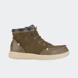 Botas Hey Dude modelo Bradley Classic, color marrón, con cordones y cuello de tela escocesa.