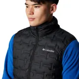 Chaleco acolchado Columbia Delta Ridge II para hombre, color azul marino con logo de la marca en el pecho. Cuenta con tecnología termorreflectiva Omni-Heat, HeatSeal y Omni-Shield. Relleno de plumón con certificación RDS.