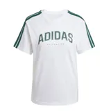 Remera blanca de Adidas con logo Adidas sportswear en verde y las tres tiras características de la marca en verde en los hombros.