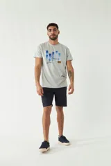 Remera gris melange de manga corta para hombre, con cuello redondo y estampado con diseño de barras verticales azules y texto 'Mistral Co.'