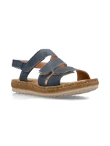 Sandalias de cuero nobuck color naranja, con tiras ajustables con velcro, forro y plantilla de cuero, y suela de PVC cosida y flexible.