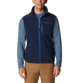 Chaleco de polar Columbia Fast Trek para hombre, color azul marino con cierre y detalles en azul eléctrico. Cuenta con cuello alto, bolsillos laterales con cierre y bolsillo en el pecho con cierre.