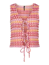 Top sin mangas de crochet con escote en V y cordón ajustable en el centro del busto. Presenta un tejido calado con patrón de ondas horizontales en tonos crema, rosa, naranja y rojo.