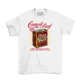Remera blanca de algodón con estampa de una lata de corned beef marca Fray Bentos y texto "Corned Beef Made in Uruguay".