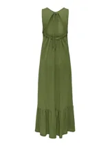 Vestido tejido color verde oliva, sin mangas y con cuello redondo. Presenta espalda descubierta con lazos.