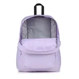 Mochila JanSport Superbreak color lila con logo de la marca en el frente, asa de mano superior y dos correas acolchadas ajustables para los hombros.