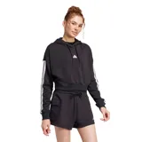 Buzo canguro corto Adidas Essentials French Terry negro con capucha y cordón ajustable. Presenta las tres tiras blancas características de la marca en las mangas.