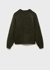 Sweater verde oscuro de punto calado con cuello Perkins, corte recto y mangas largas.