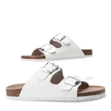 Sandalias blancas con dos tiras ajustables con hebilla metálica, plantilla de corcho y suela blanca.