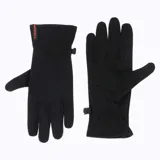 Guantes negros de microfleece con ajuste en la muñeca y logo de la marca en color naranja.