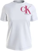 Remera blanca de algodón con cuello redondo y mangas cortas. Estampado frontal con el monograma CK en color fucsia con efecto spray y logo de Calvin Klein Jeans.