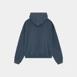 Hoodie azul con efecto lavado, corte oversize, bolsillo tipo canguro y estampado en el pecho con el logo de Eme Studios y la frase "Always Grateful".