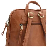 Mochila negra de ecocuero con aplique de gamuza en la parte superior. Tiene un compartimento principal con cierre de cremallera, bolsillos frontal y trasero con cierre, bolsillo interior con cierre y correas ajustables.