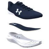 Championes de running Under Armour Phade RN 3, color azul con logo verde flúor y suela blanca.