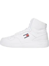 Zapatillas de baloncesto Tommy Jeans de corte medio, color blanco, con diseño color block, exterior de piel, interior de poliéster reciclado y suela de goma.