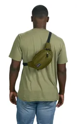 Riñonera JanSport Fifth Avenue negra con estampado de rayos blancos.