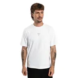 Remera blanca de corte recto y mangas cortas, con logo abstracto en el centro del pecho.